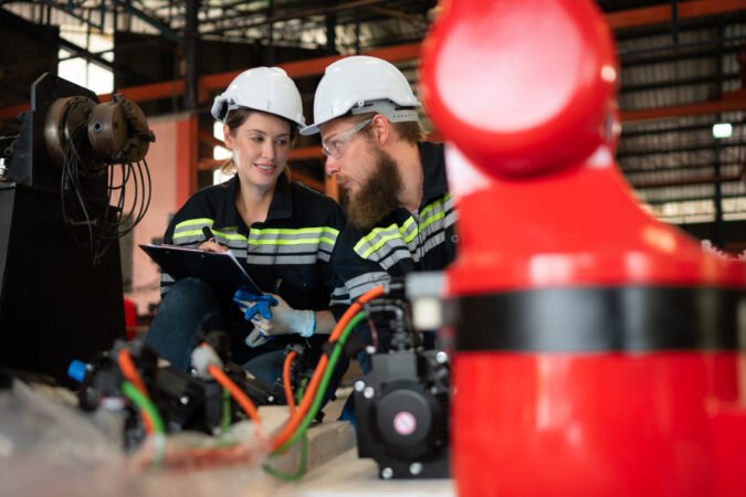 Both of engineers installing a small robotic arm is being installed for testing. before sending to customers for industrial use.